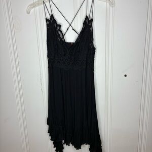 FP One Adella Mini Slip Dress Large Black Bohemian Festival Fairy Grunge Boho